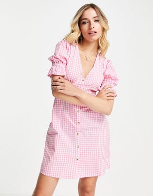 Influence puff sleeve button down mini dress in pink gingham