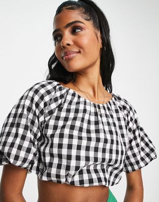 Influence puff sleeve crop top in monochrome gingham - part of a set-Multi
