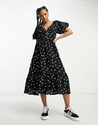 Influence puff sleeve midi dress in monochrome polka dot-White