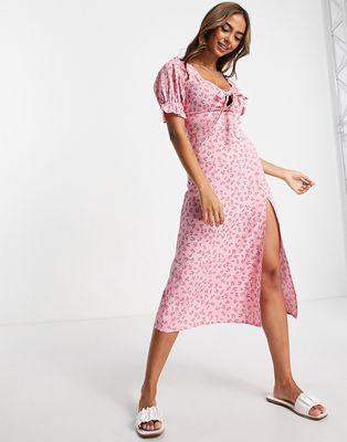 Influence puff sleeve midi tea dress in pink floral print