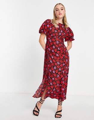 Influence puff sleeve midi tea dress in red floral print