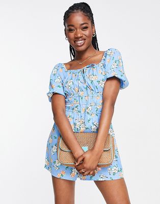 Influence puff sleeve romper in blue floral print-Multi