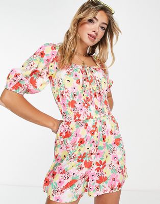 Influence puff sleeve romper in pink floral print-Multi