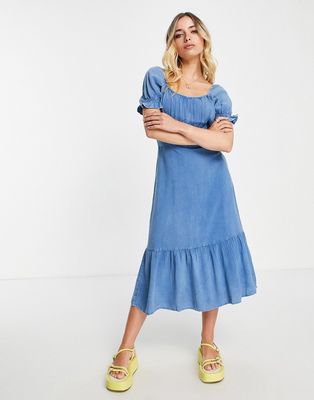 Influence puff sleeve square neck tiered midi dress in blue chambray-Pink