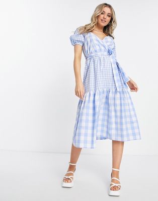 Influence puff sleeve tiered midi dress in blue check