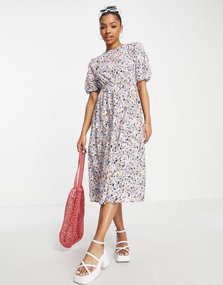 Influence puff sleeve tiered midi dress in floral print-Multi