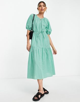 Influence puff sleeve tiered midi dress in green gingham