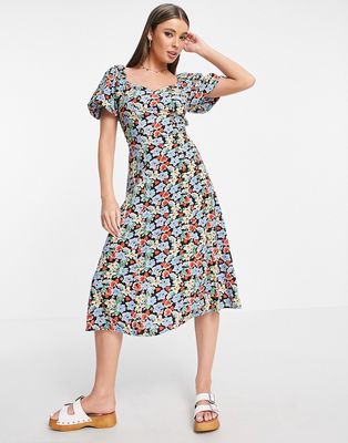 Influence puff sleeve tiered midi dress in multi floral
