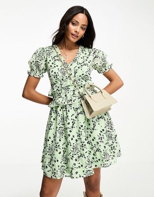 Influence ruffle mini dress in green shadow floral-Multi