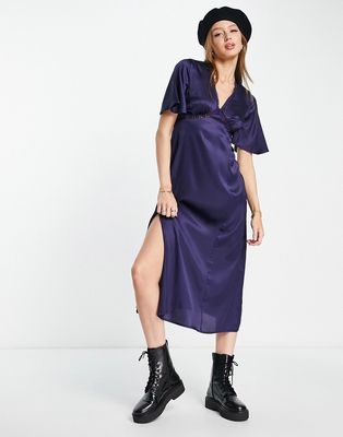Influence satin flutter sleeve midi dress with lace trim in navy