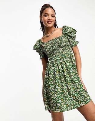 Influence shirred bust puff sleeve mini dress in green floral-Multi