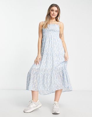 Influence shirred bust tiered midi dress in plaid floral print-Blue