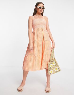 Influence shirred midi dress in orange gingham