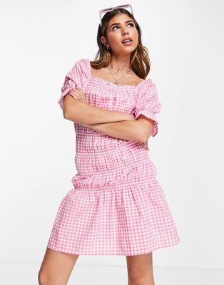 Influence shirred milkmaid mini dress in pink gingham