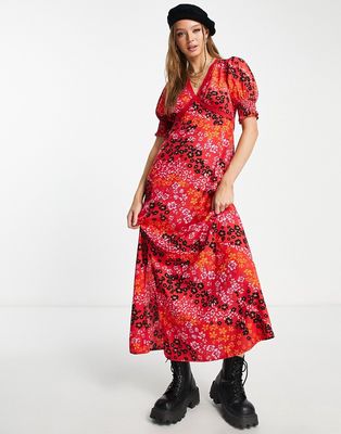 Influence shirred sleeve maxi tea dress with lace trim in mixed floral print-Pink