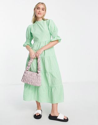 Influence short frill sleeve midi dress in green gingham