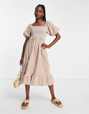 Influence square neck puff sleeve beach dress in brown plaid