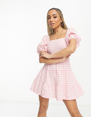 Influence square neck puff sleeve beach dress in pink gingham