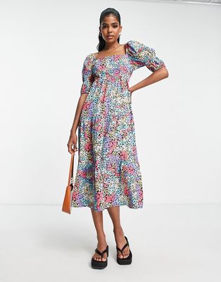 Influence square neck puff sleeve midi dress in bold floral print-Multi
