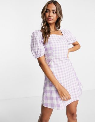 Influence square neck puff sleeve mini dress in lilac gingham plaid-Purple