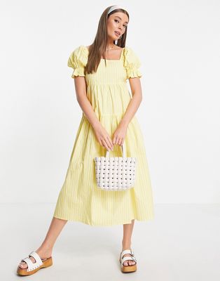 Influence square neck puff sleeve tiered midi dress in yellow