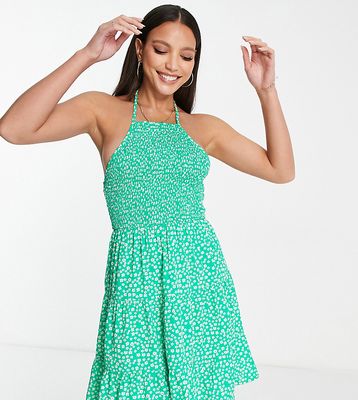 Influence Tall halter neck tiered mini dress in green floral print