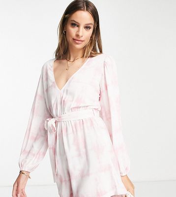 Influence Tall puff sleeve belted beach romper in pink