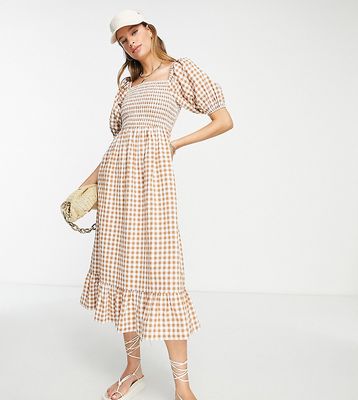 Influence Tall square neck puff sleeve beach dress in brown check