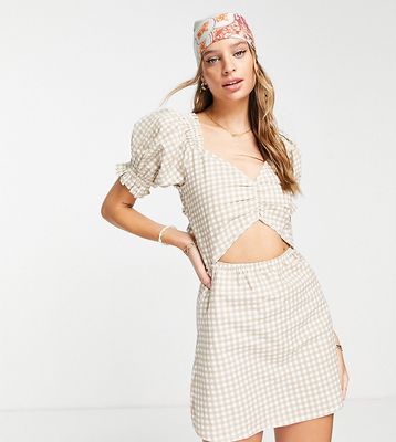 Influence Tall tie back mini dress in beige gingham-Brown