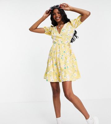 Influence Tall tiered mini dress in yellow floral print