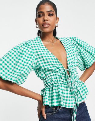 Influence tie front puff sleeve top in green gingham
