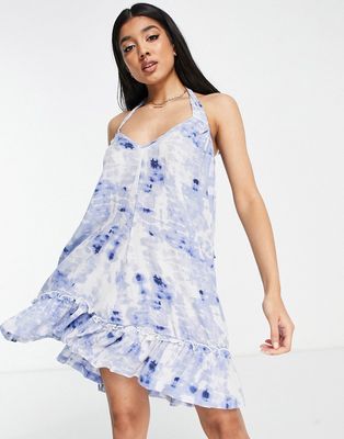 Influence tie shoulder beach dress in blue and white print