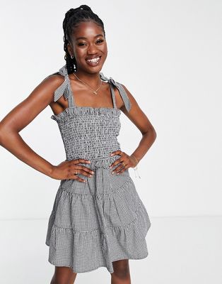 Influence tie sleeve tiered mini dress in gingham print-Multi