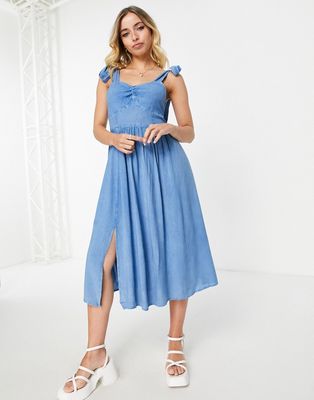 Influence tie strap midi dress in blue chambray