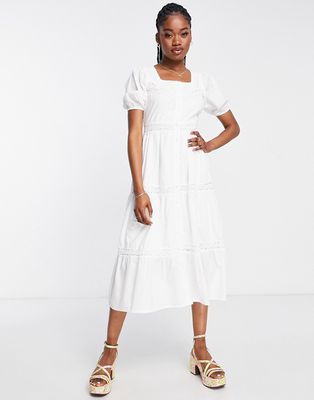 Influence tiered midi dress with eyelet inserts in white cotton