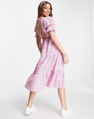 Influence tiered smock midi dress in pink floral