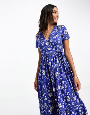 Influence tiered wrap front midi dress in blue floral print