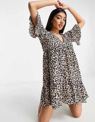 Influence v neck beach dress in leopard print-Brown