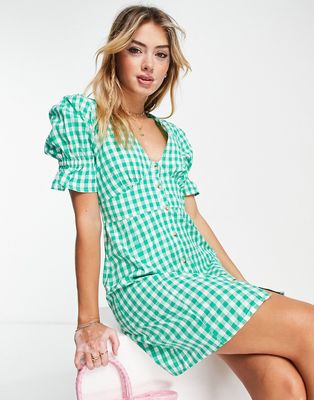 Influence V-neck button down mini dress in gingham green