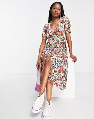 Influence wrap front midi dress in bold floral print-Multi