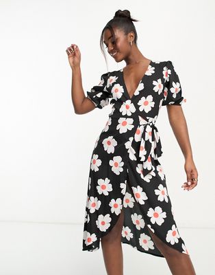 Influence wrap front midi dress in floral print-White