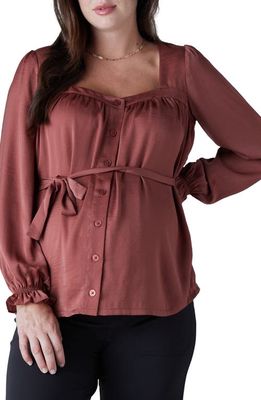 Ingrid & Isabel Belted Button Front Long Sleeve Maternity Blouse in Apple Butter