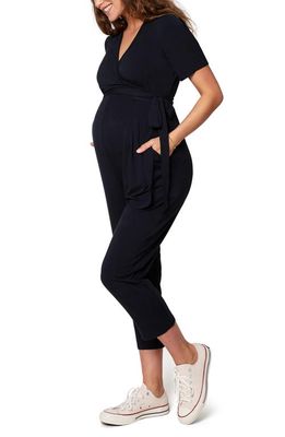 Ingrid & Isabel Crop Jersey Maternity/Nursing Jumpsuit in Black