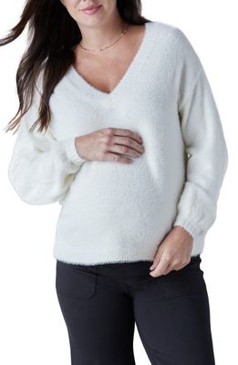 Ingrid & Isabel Fluffy V-Neck Maternity Sweater in Cream