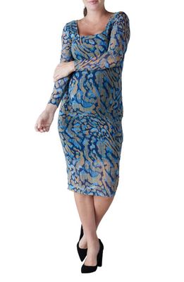 Ingrid & Isabel Print Mesh Long Sleeve Maternity Body-Con Dress in Blue Animal