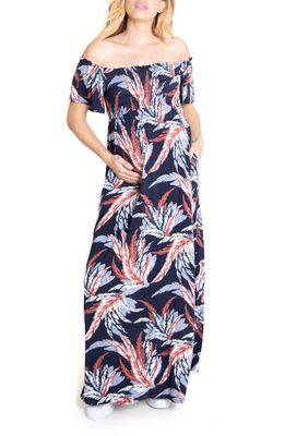 Ingrid & Isabel® Off the Shoulder Maternity Maxi Dress in Navy Feathers