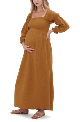Ingrid & Isabel® Smocked Long Sleeve Maternity Maxi Dress in Golden Brown