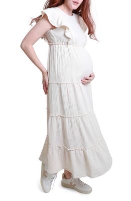 Ingrid & Isabel Ruffle Tiered Cotton Maternity Maxi Dress in Whisper White