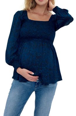 Ingrid & Isabel Smocked Square Neck Maternity Blouse in Abstract Animal Blue