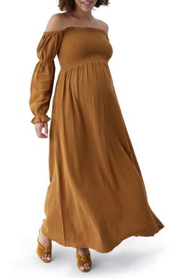 Ingrid & Isabel The Dream Off the Shoulder Long Sleeve Cotton Maternity Midi Dress in Golden Brown